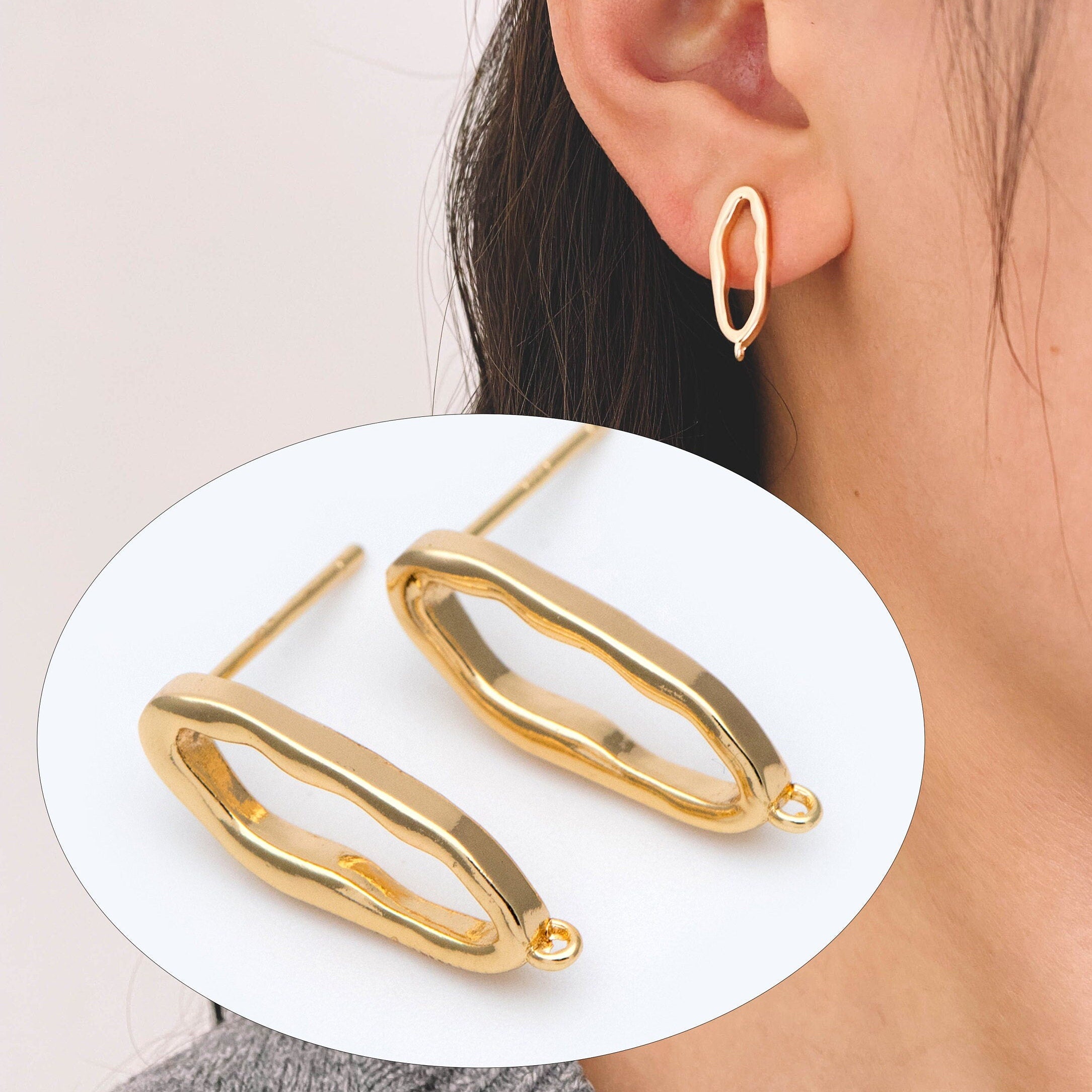 10pcs Gold Oval Hoop Ear Posts 19x6mm, Oval Circle Stud Earrings, DIY Ear Wire Findings (GB-1043)